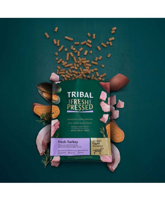 Dietinis maistas šunims ir senjorams, kalakutiena šalto spaudimo „Fresh Pressed Turkey – SENIOR/Light“, TRIBAL