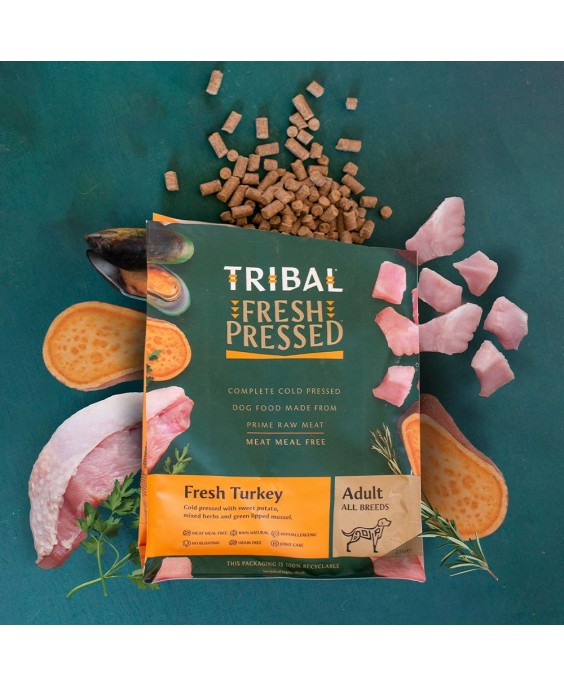 Maistas šunims, kalakutiena šalto spaudimo „Fresh Pressed Turkey – ADULT“, TRIBAL