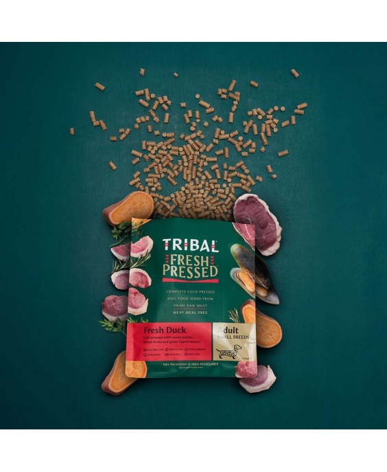 Maistas mažų veislių šunims, antiena šalto spaudimo „Fresh Pressed Duck – ADULT“, TRIBAL